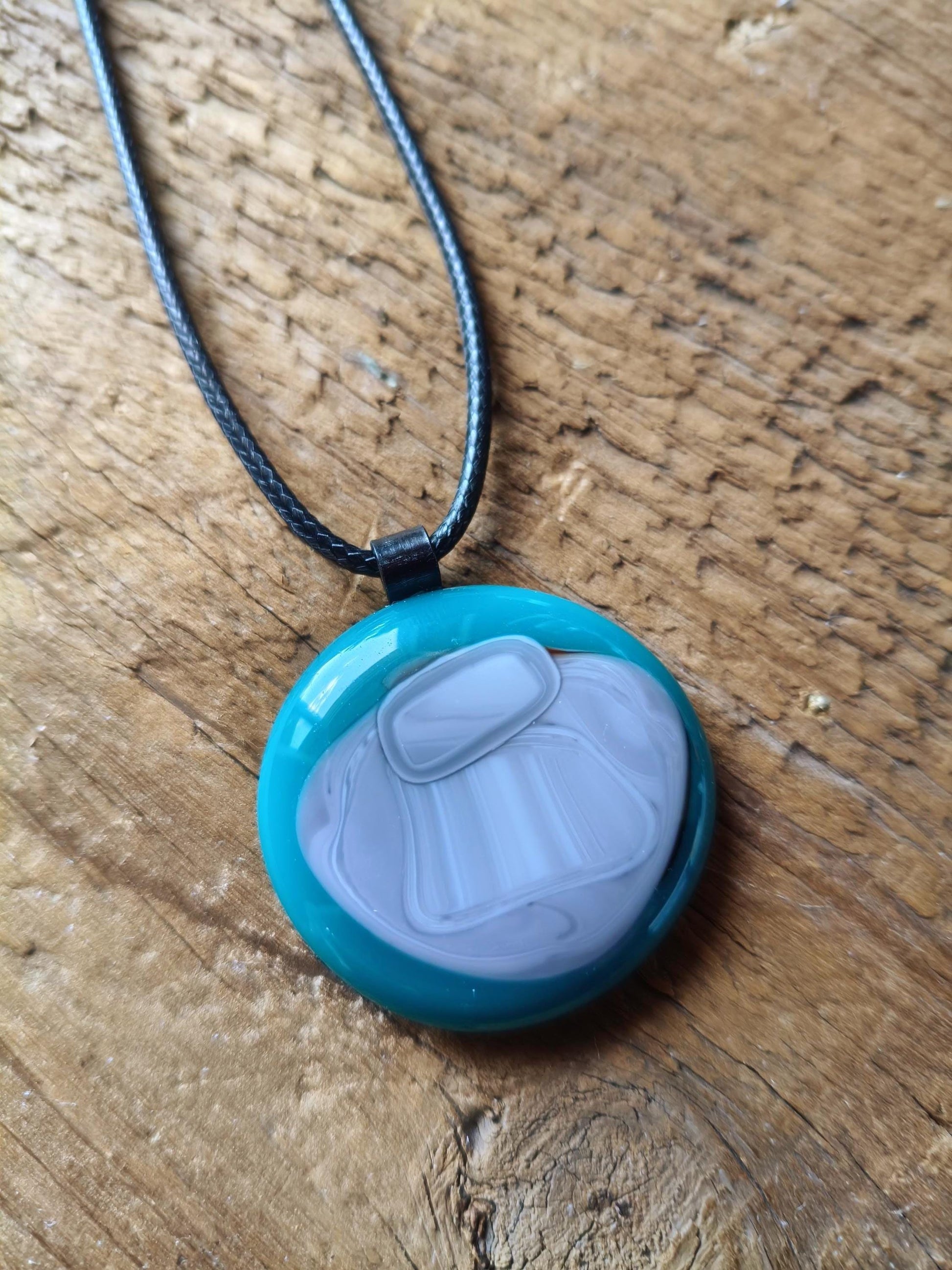 Large turquoise handmade one off glass statement piece pendant with cord necklace