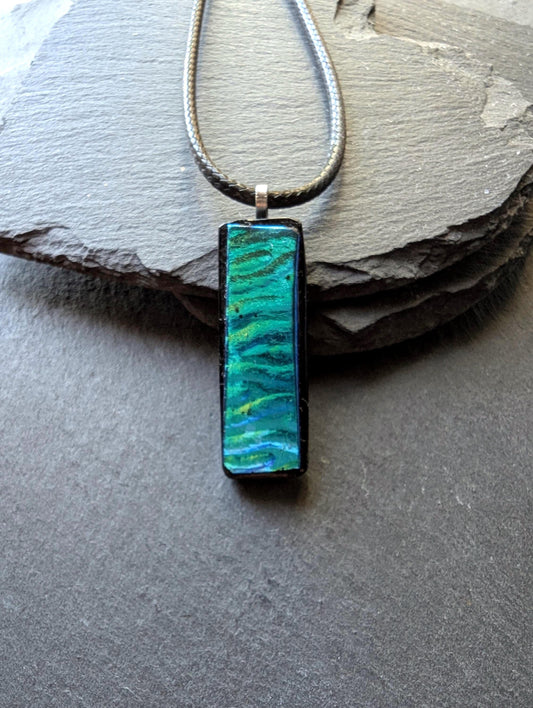 One-of-a-Kind Blue Green Textured Dichroic Glass Pendant with two necklaces
