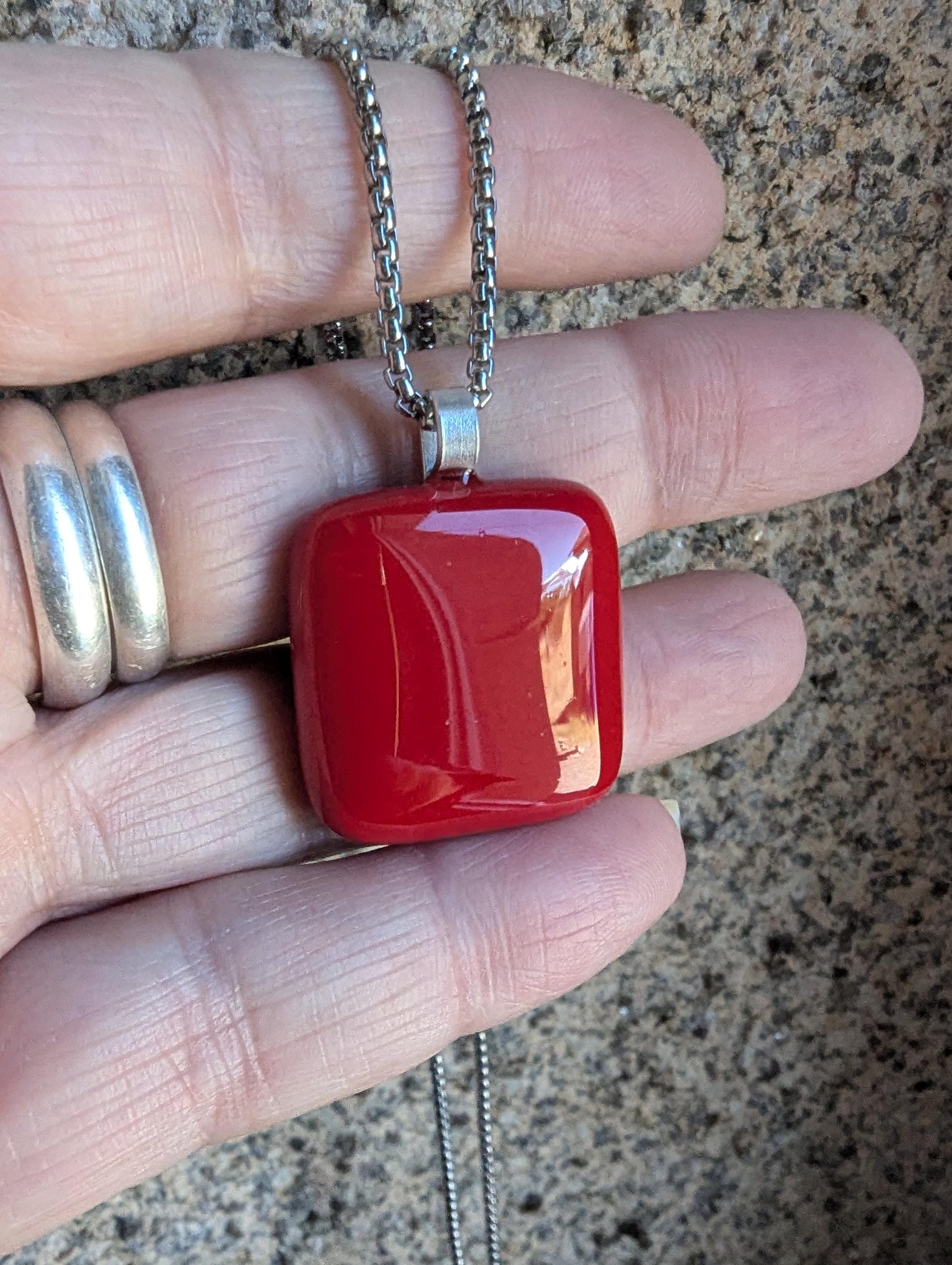 Handcrafted cherry red fused glass pendant with necklace and gift box