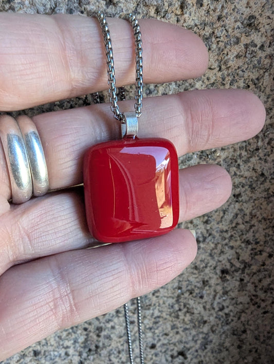 Handcrafted cherry red fused glass pendant with necklace and gift box