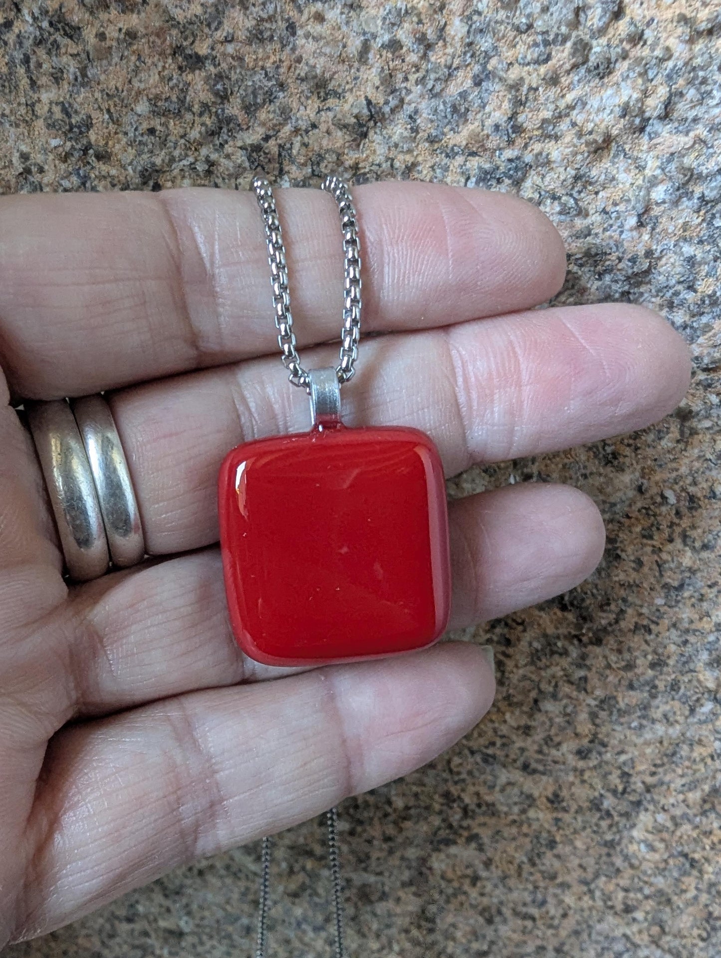 Handcrafted cherry red fused glass pendant with necklace and gift box