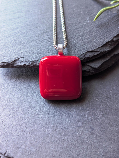 Handcrafted cherry red fused glass pendant with necklace and gift box
