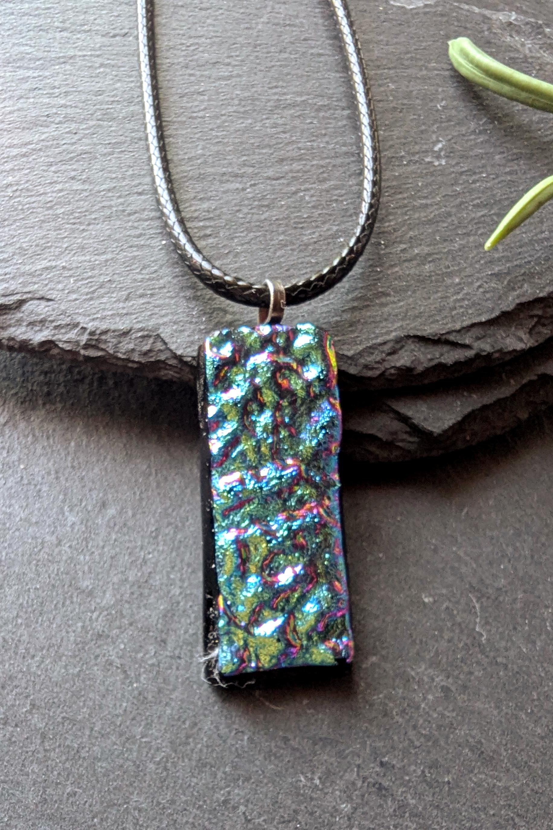 Handmade Blue and Pink Textured Dichroic Glass Pendant with Necklace