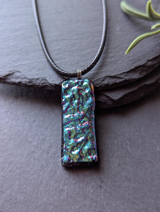 Handmade Blue and Pink Textured Dichroic Glass Pendant with Necklace