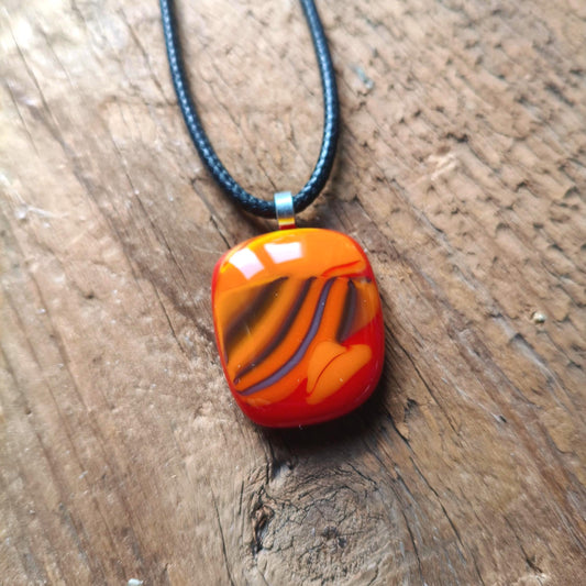 Handcrafted red and orange fused one off glass pendant necklace with cord necklace