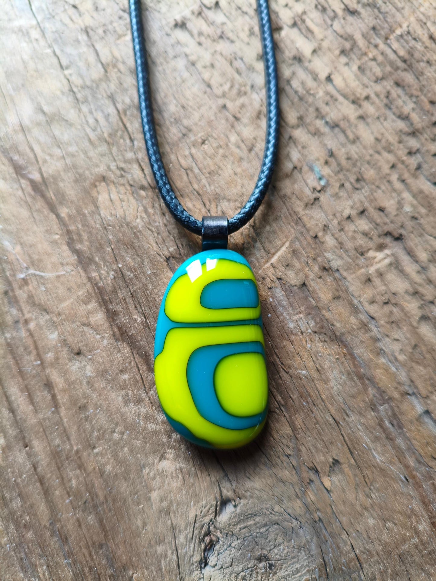 Handcrafted turquoise and lime glass abstract pendant necklace with cord necklace