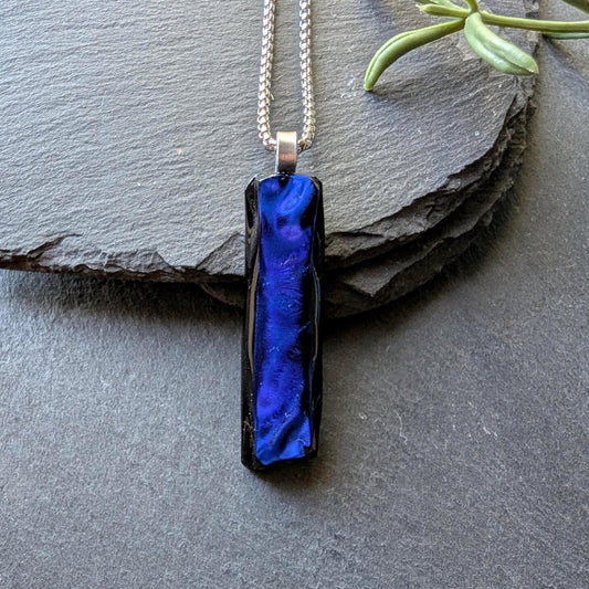 One-of-a-Kind Long Blue Textured Dichroic Glass Pendant Necklace