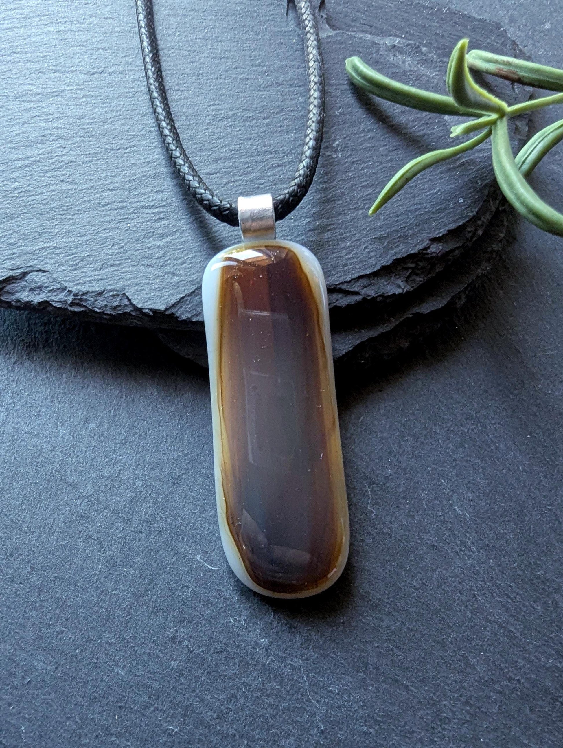 Men's Handmade Glass Pendant Necklace | Unisex Neutral Tones Dad's Gift | Wearable Art Jewelry