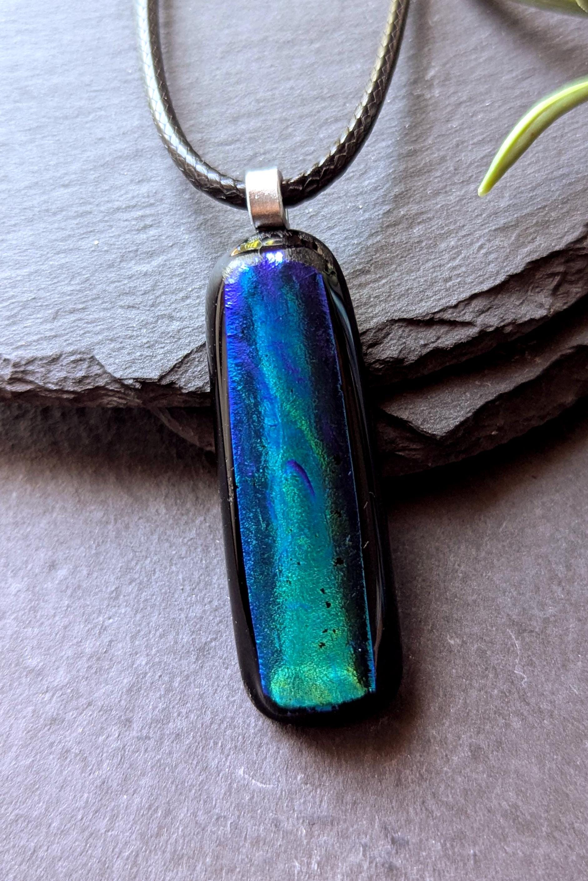 Long Vibrant Blue Turquoise Dichroic Glass Pendant with Necklace
