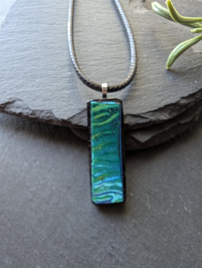 One-of-a-Kind Blue Green Textured Dichroic Glass Pendant with two necklaces