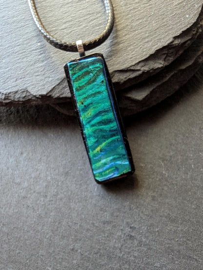 One-of-a-Kind Blue Green Textured Dichroic Glass Pendant with two necklaces