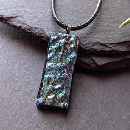 Handmade Blue and Pink Textured Dichroic Glass Pendant with Necklace
