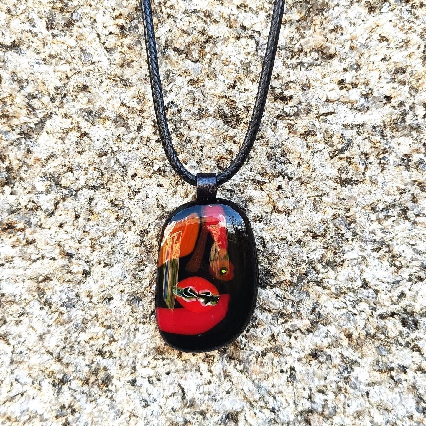 Handmade black and red fused pendant with cord necklace, birthday gift for mom, sister, friend, unique jewelry, boho chic, unusual gift