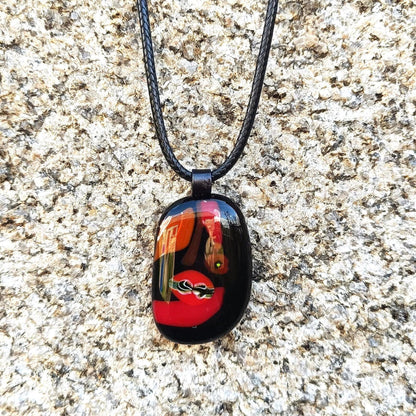 Handmade black and red fused pendant with cord necklace, birthday gift for mom, sister, friend, unique jewelry, boho chic, unusual gift