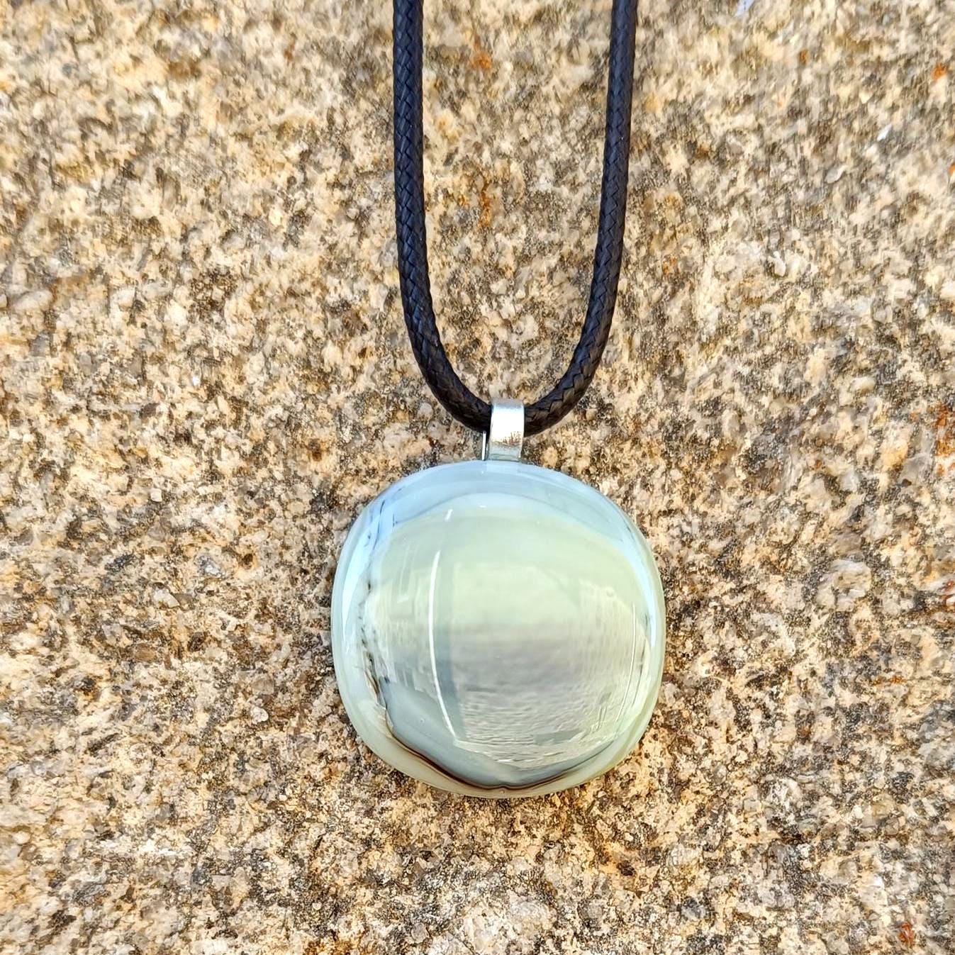 Handmade fused grey glass pendant with cord necklace, original gender-neutral letterbox birthday gift
