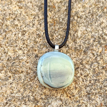 Handmade fused grey glass pendant with cord necklace, original gender-neutral letterbox birthday gift