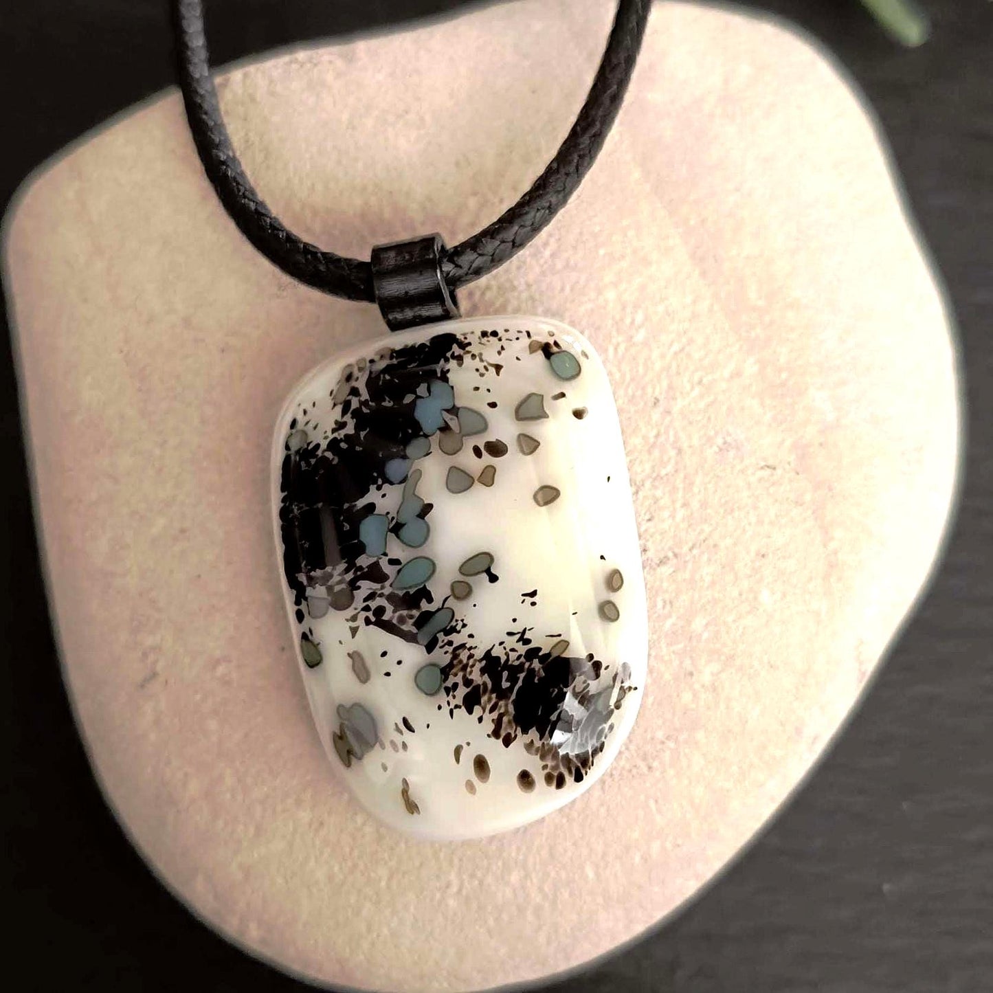 Handmade grungy style fused glass pendant necklace, birthday gift, gift for teen, biker, monotone pendant, gift for dad