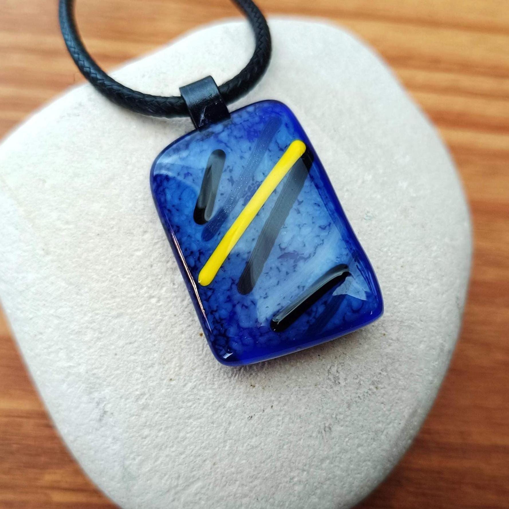 blue black and yellow fused glass necklace handmade with cord