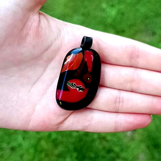 Handmade black and red fused pendant with cord necklace, birthday gift for mom, sister, friend, unique jewelry, boho chic, unusual gift