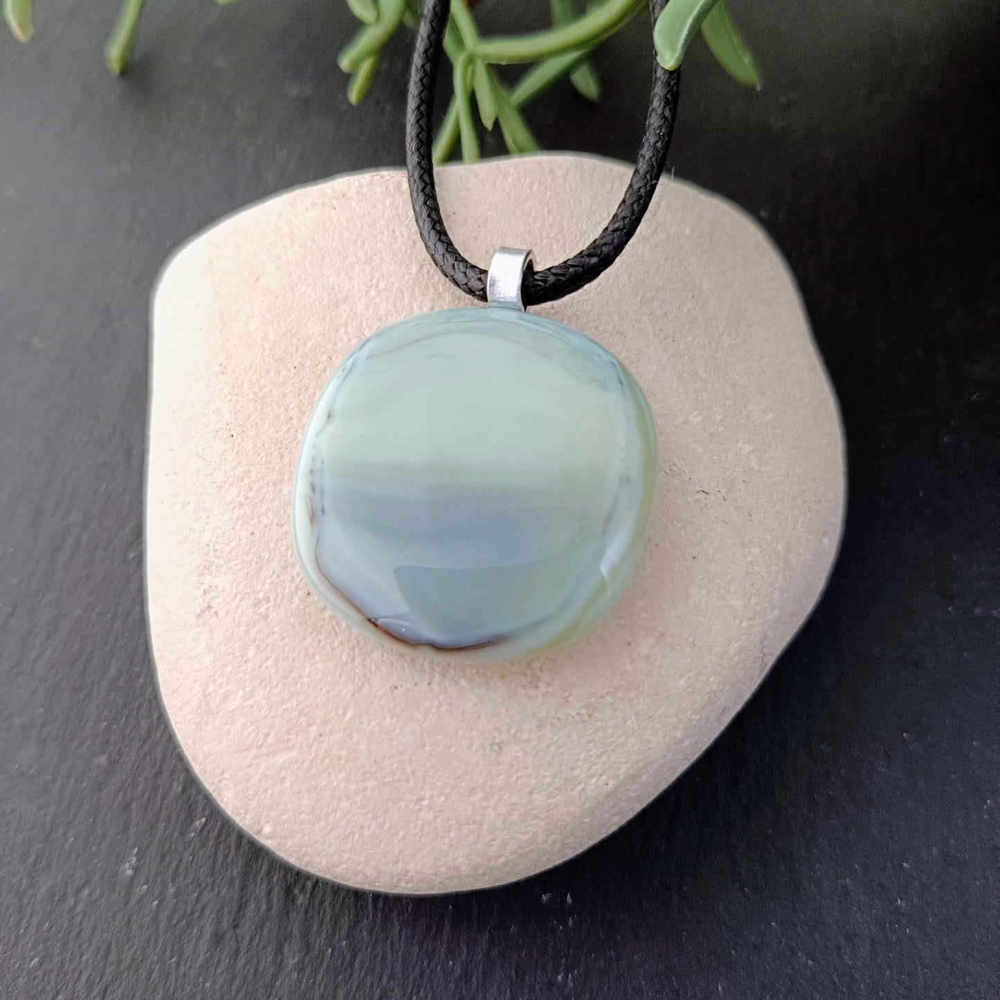 Handmade fused grey glass pendant with cord necklace, original gender-neutral letterbox birthday gift