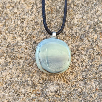 Handmade fused grey glass pendant with cord necklace, original gender-neutral letterbox birthday gift