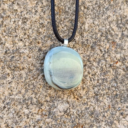 Handmade fused grey glass pendant with cord necklace, original gender-neutral letterbox birthday gift