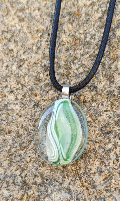 Handcrafted transparent and green fused glass pendant necklace, birthday gift for her