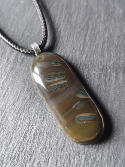 Long Fused Glass Pendant in Natural Tones with Cord Necklace - Gender Neutral Gift, Unique Letterbox Gift