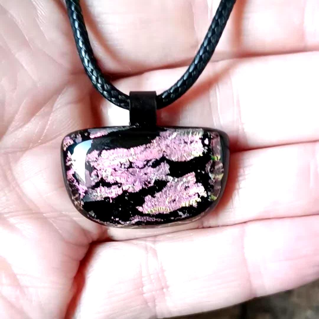Handcrafted pink dichroic coloured fused glass pendant with cord necklace, handmade jewelry, easy to post gift - BlixxiCreations