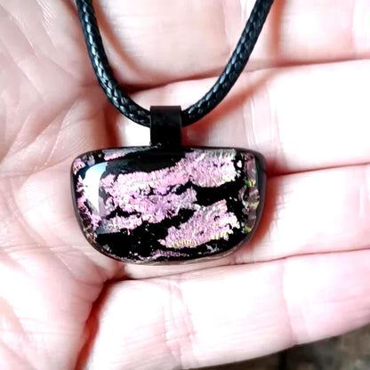 Handcrafted pink dichroic coloured fused glass pendant with cord necklace, handmade jewelry, easy to post gift - BlixxiCreations