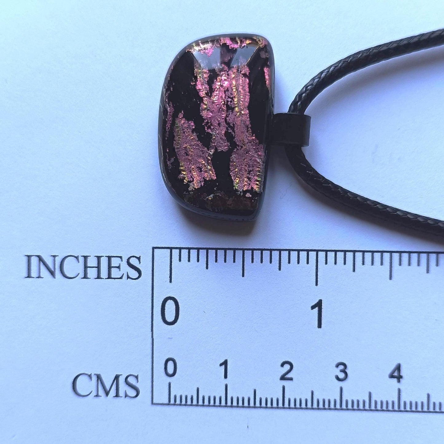 Handcrafted pink dichroic coloured fused glass pendant with cord necklace, handmade jewelry, easy to post gift - BlixxiCreations