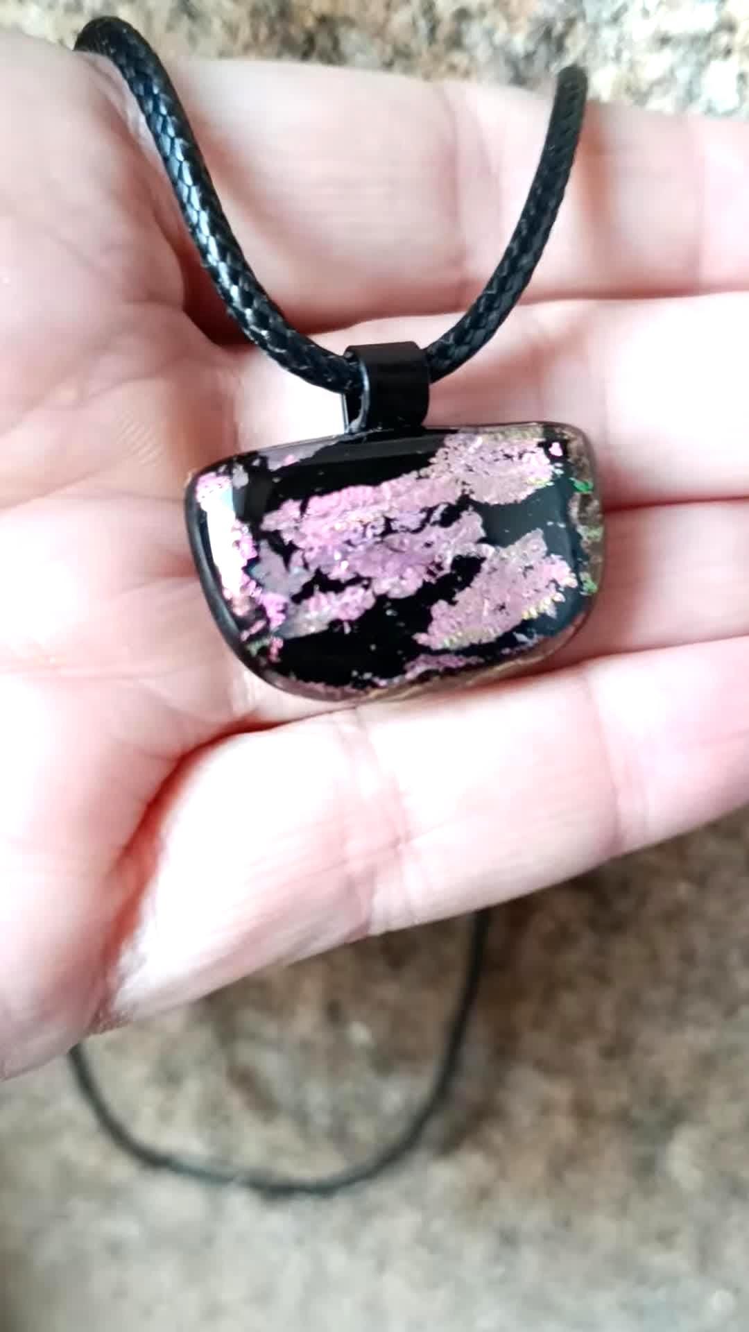 Handcrafted pink dichroic coloured fused glass pendant with cord necklace, handmade jewelry, easy to post gift - BlixxiCreations