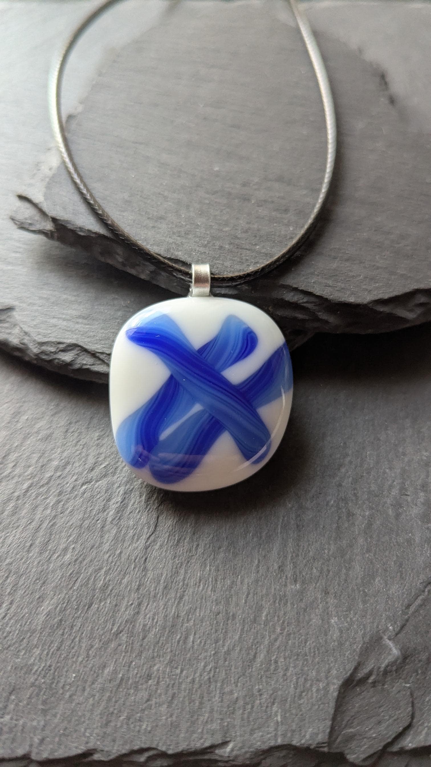 Blue and white fused glass pendant with cord necklace, one of a kind handmade jewellery