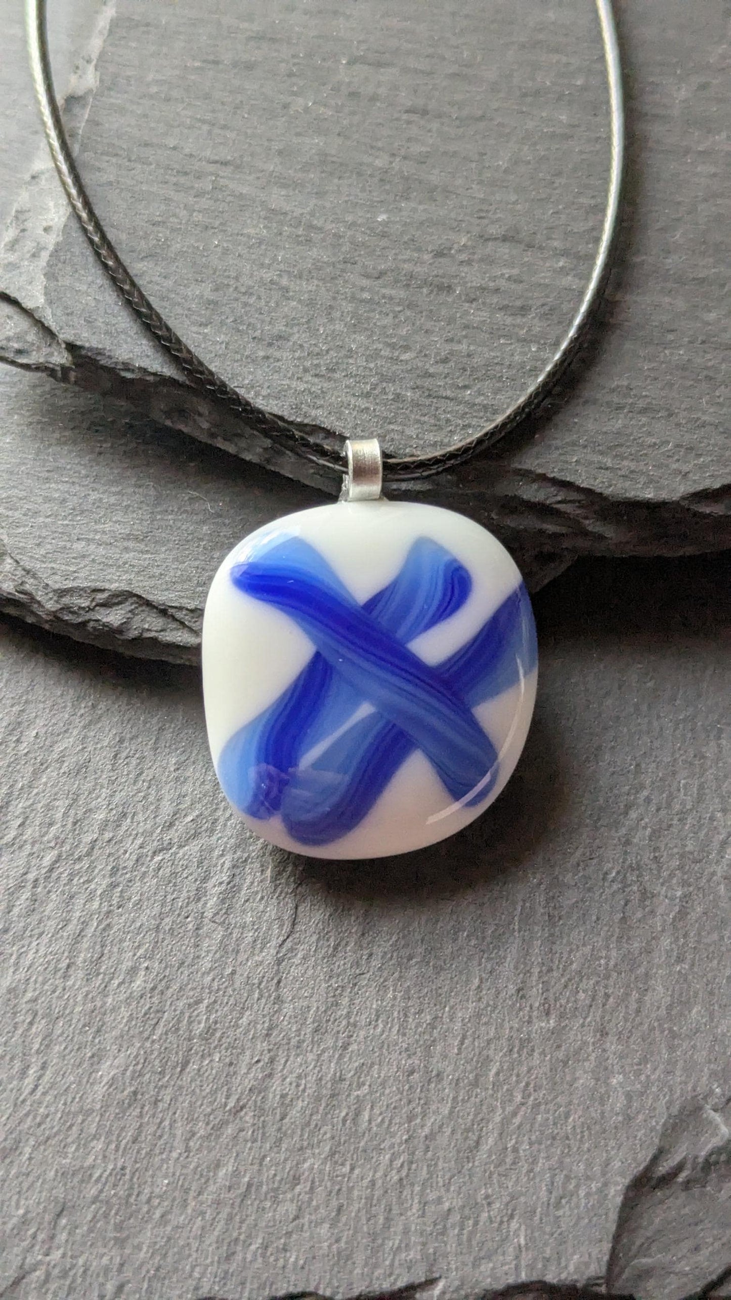 Blue and white fused glass pendant with cord necklace, one of a kind handmade jewellery