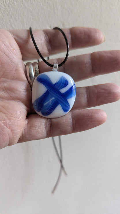 Blue and white fused glass pendant with cord necklace, one of a kind handmade jewellery