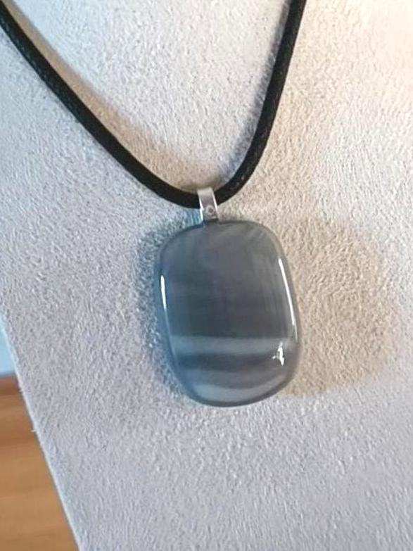 Handmade Unisex Fused Glass Pendant in Natural Grey Tones with Necklace