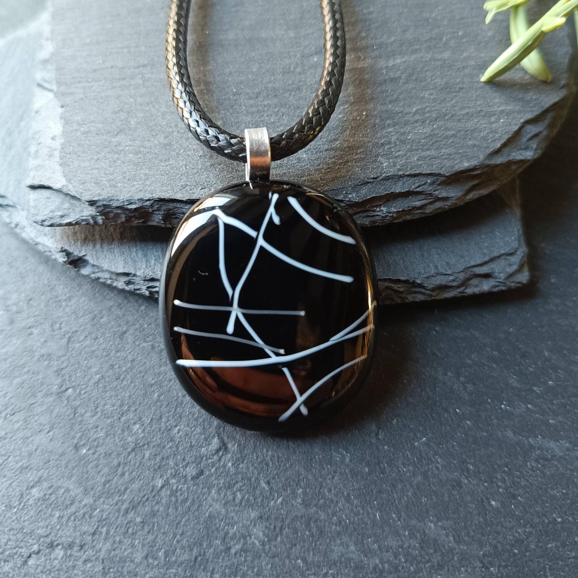 Monochrome fused glass pendant with cord necklace, handmade jewellery