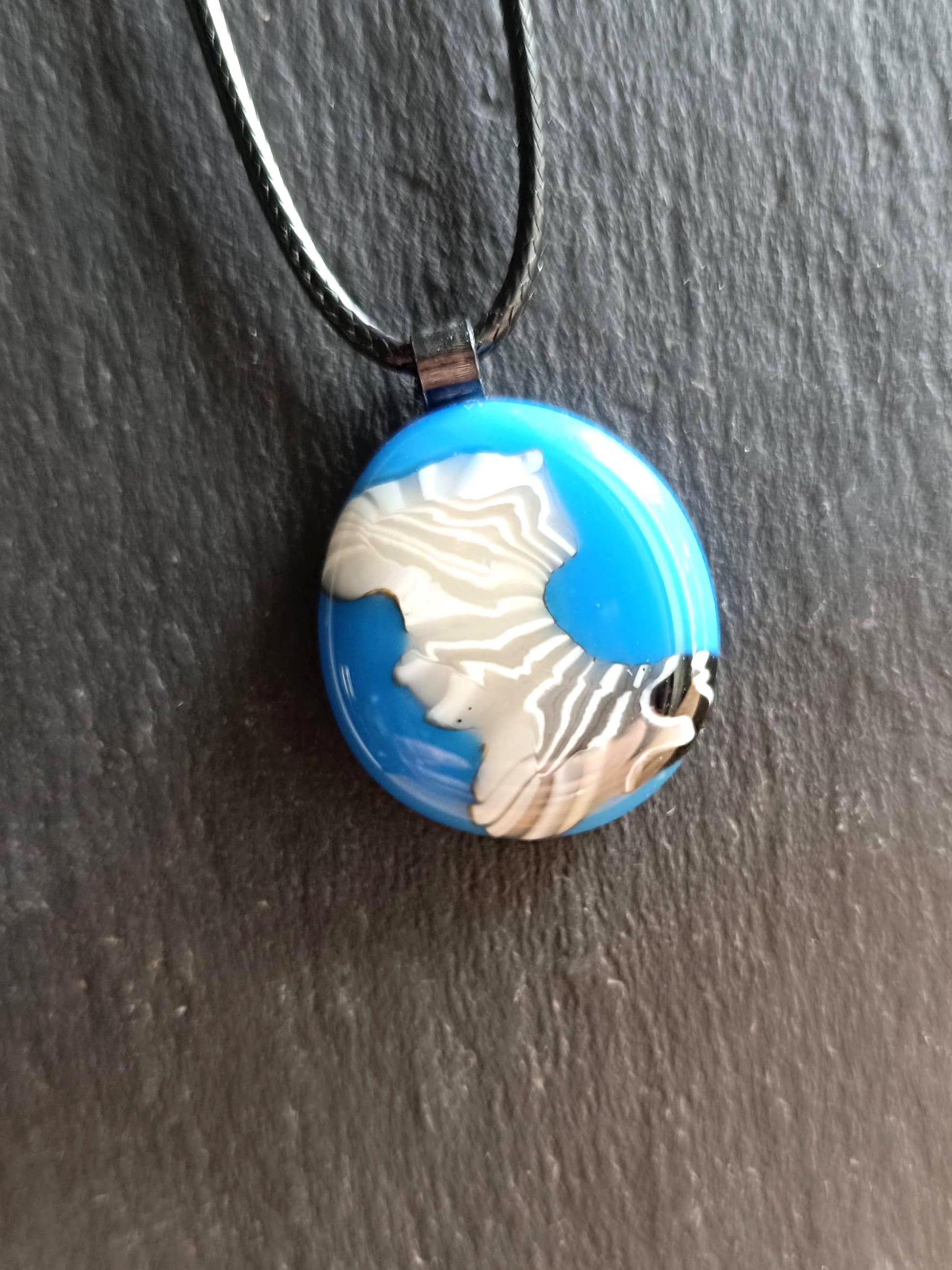 Blue and White Swirl Handmade Fused Glass Pendant with Necklace, Handmade Artisan Jewellery