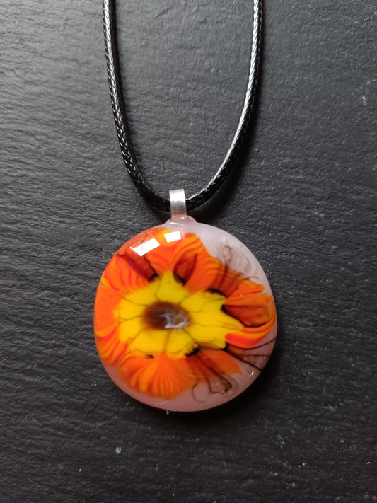 Handmade multicolour vibrant orange fused glass pendant with cord necklace