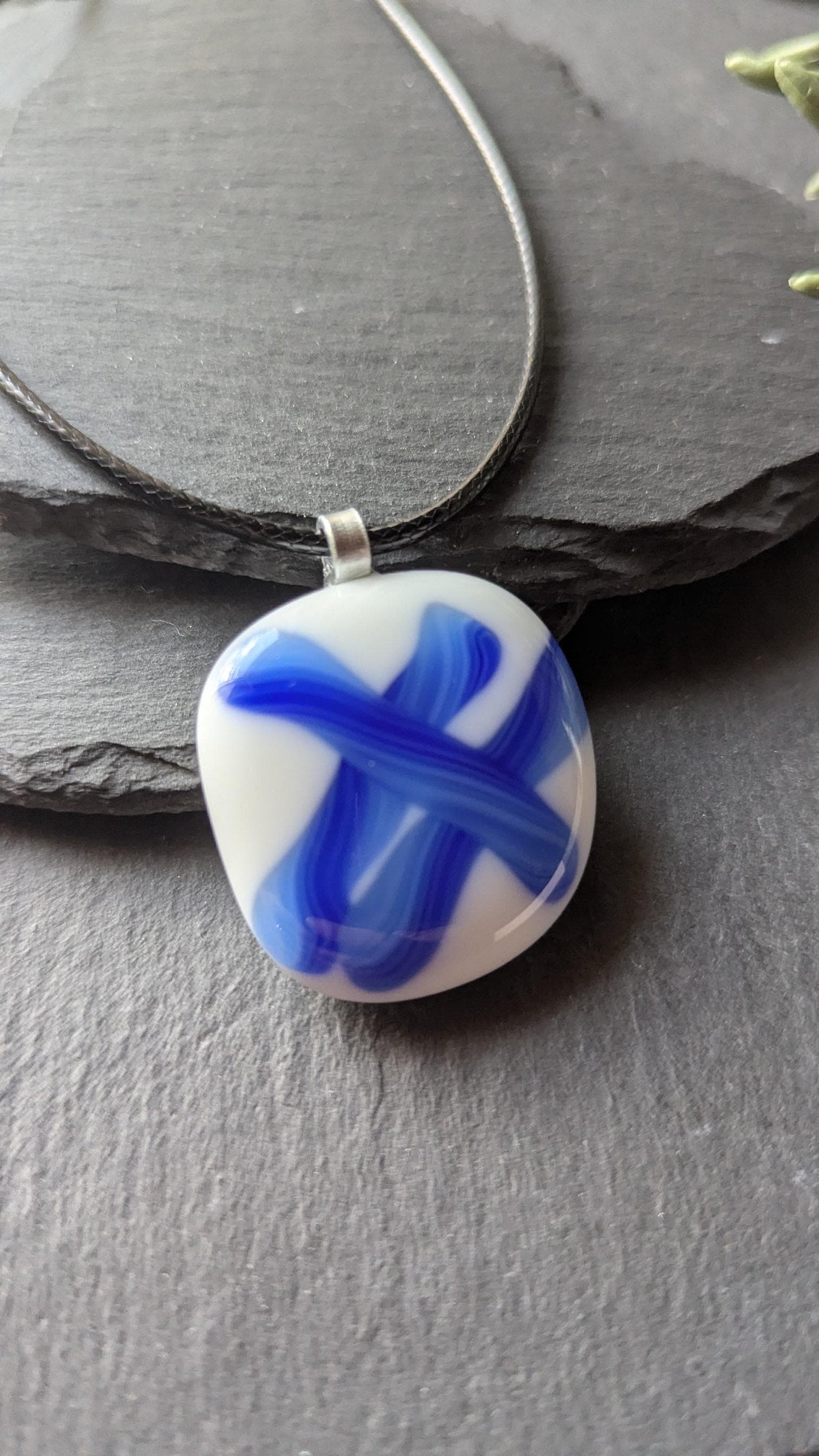 Blue and white fused glass pendant with cord necklace, one of a kind handmade jewellery