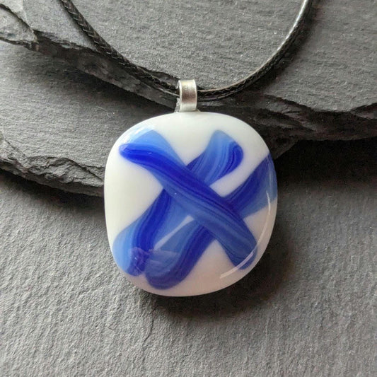 Blue and white fused glass pendant with cord necklace, one of a kind handmade jewellery