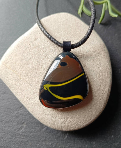 Handcrafted upcycled black brown glass necklace pendant, created from an old marble - BlixxiCreations
