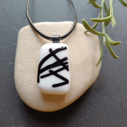 Handmade black and white fused glass pendant necklace, Boho chic birthday gift for her