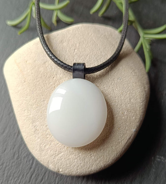 Handcrafted white fused glass pendant necklace, gender-neutral gift