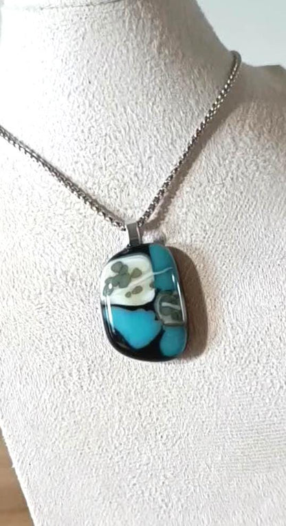 Fused turquoise blue and black glass funky handcrafted pendant with necklace - handmade jewelry