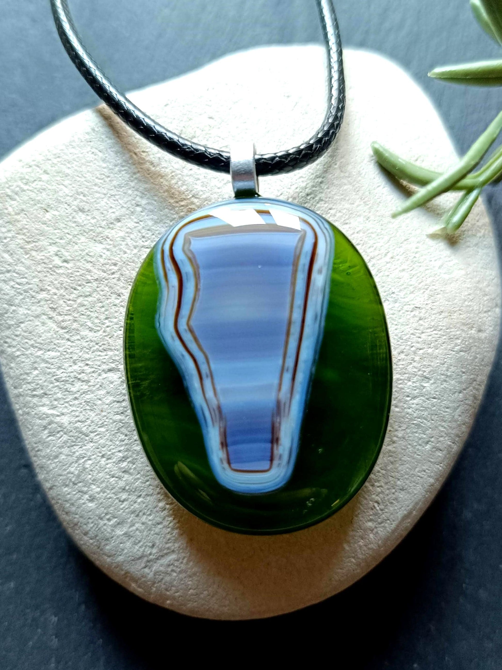 Handmade large green fused glass abstract design pendant necklace