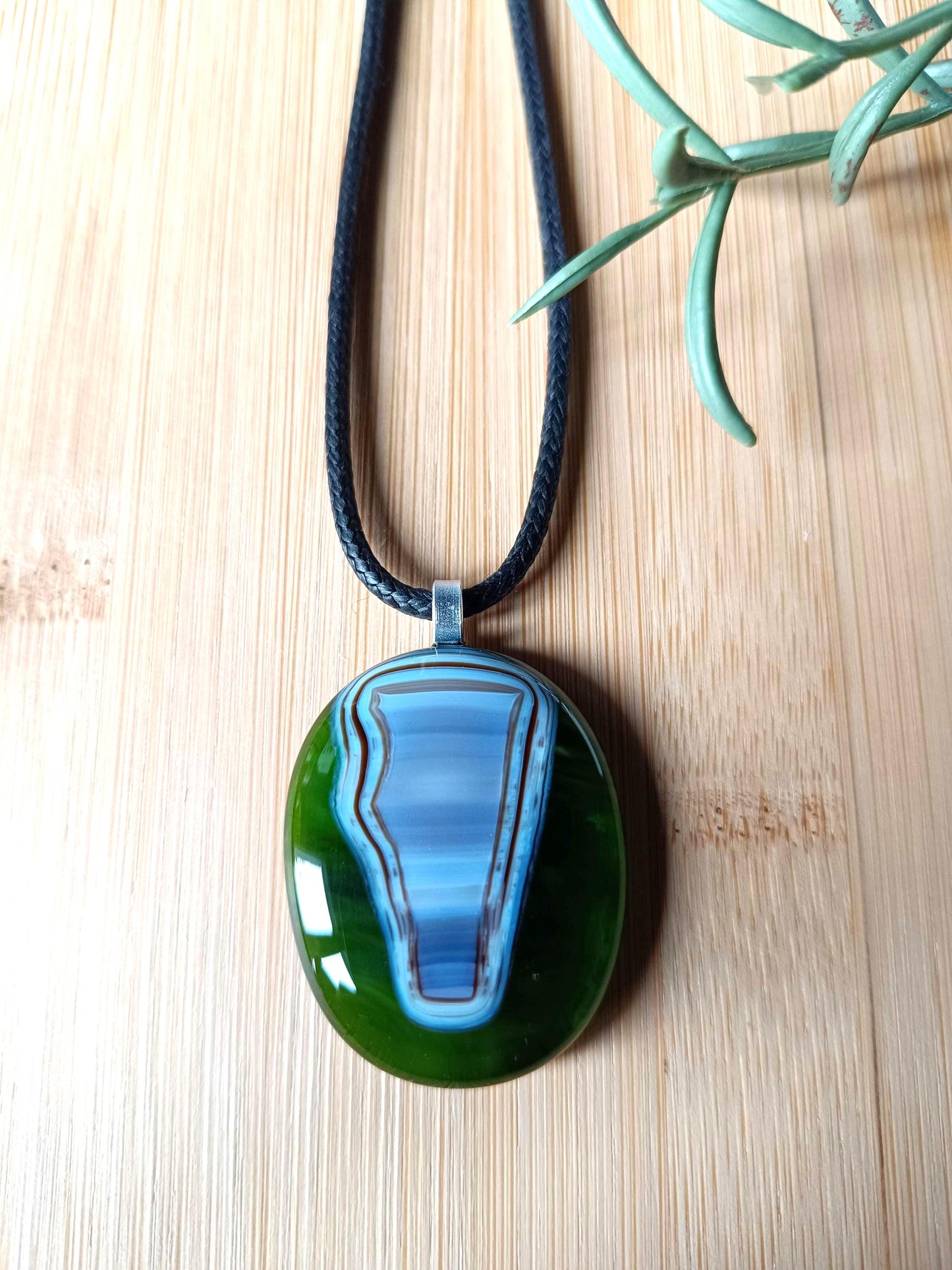 Handmade large green fused glass abstract design pendant necklace