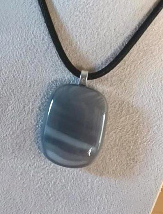 Handmade Unisex Fused Glass Pendant in Natural Grey Tones with Necklace