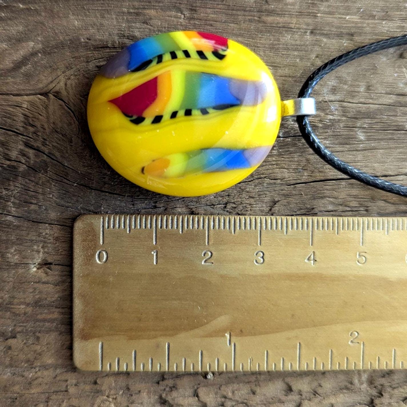 Yellow and rainbow fused glass pendant with cord necklace, handmade jewellery