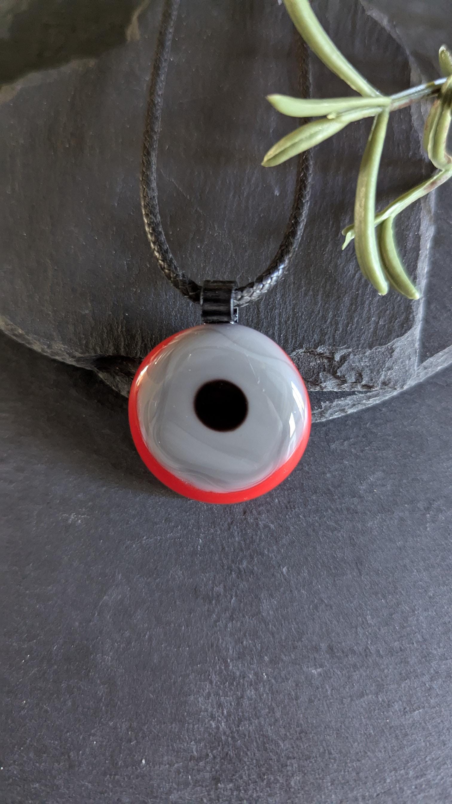 Red, grey and black circles fused glass pendant with cord necklace, handmade jewellery